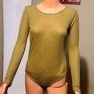 Forever 21 Ribbed Olive Green Long Sleeve Body Suit